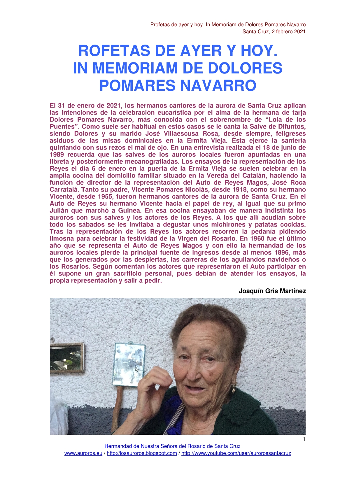 PROFETAS DE AYER Y HOY. IN MEMORIAM DOLORES POMARES NAVARRO