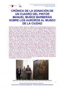CRÓNICA DE LA DONACIÓN DE UN CUADRO DEL PINTOR  MANUEL MUÑOZ BARBERÁN SOBRE LOS AUROROS AL MUSEO DE LA CIUDAD