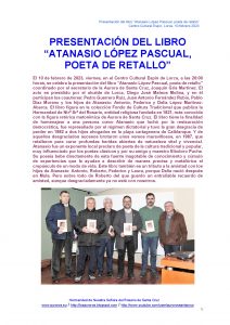 PRESENTACIÓN DEL LIBRO “ATANASIO LÓPEZ PASCUAL, POETA DE RETALLO”